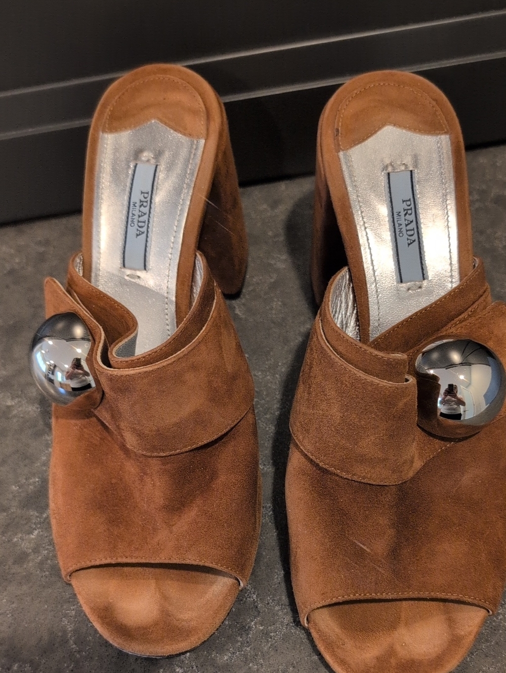 Prada Brown Suede Open-Toe Block Heel Mules with Sculptural Silver Accent